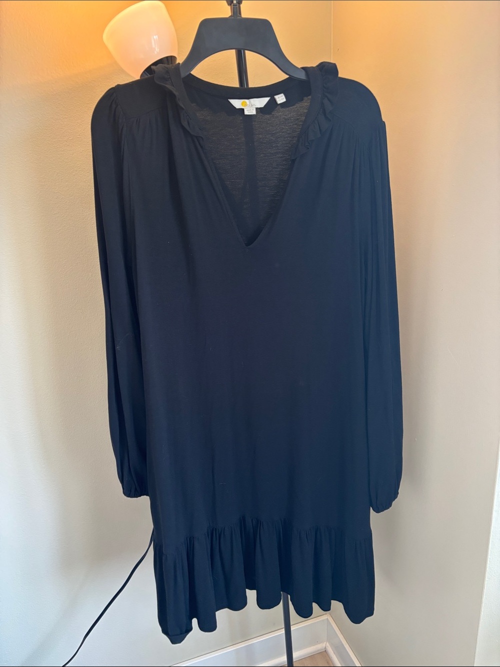 Boden Black Long-Sleeve V-Neck Ruffle-Hem Dress